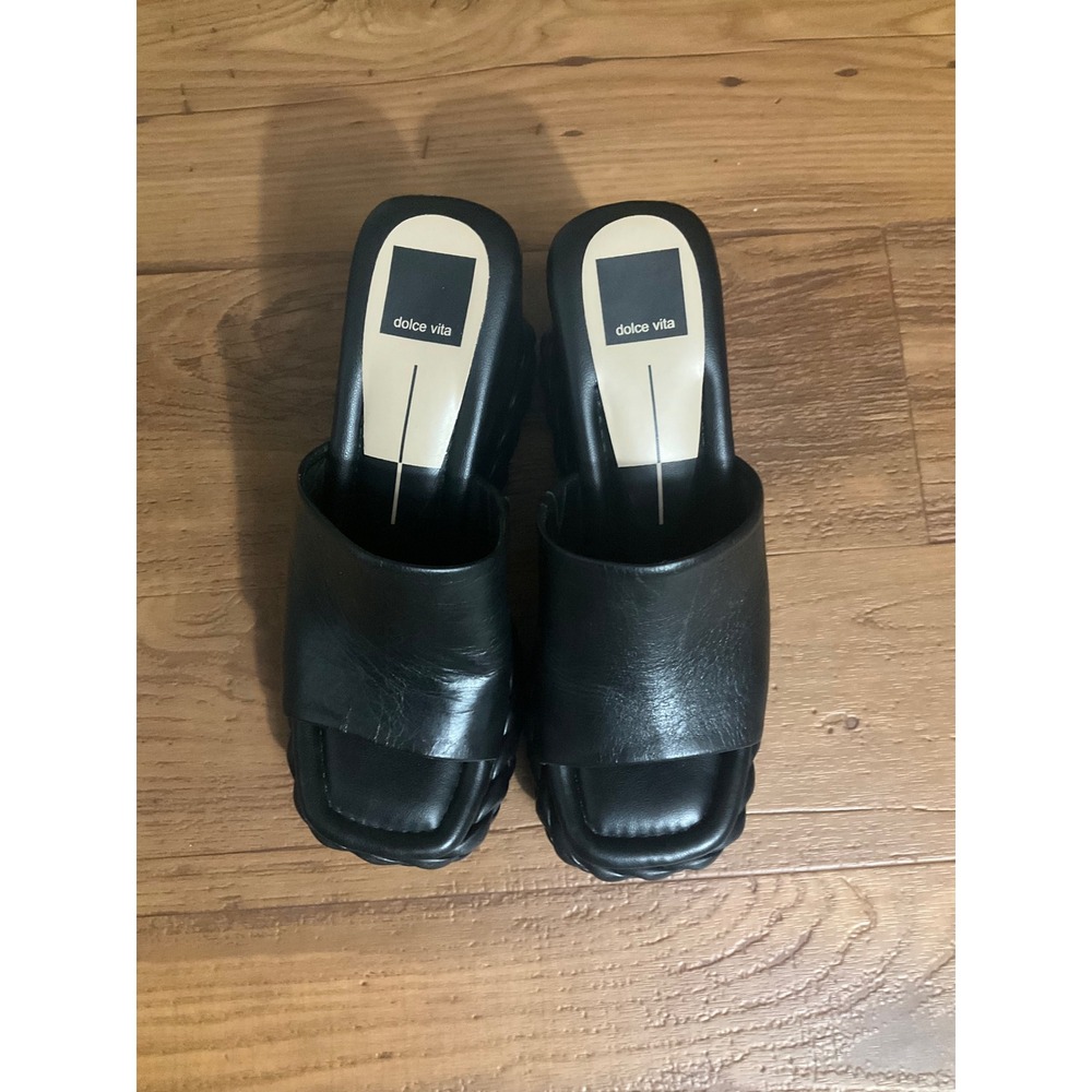 Dolce Vita Black Leather Platform Wedge Sandals Braided Trim Mules Size 7